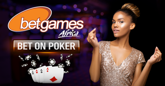 Model poses next to casino style graphics