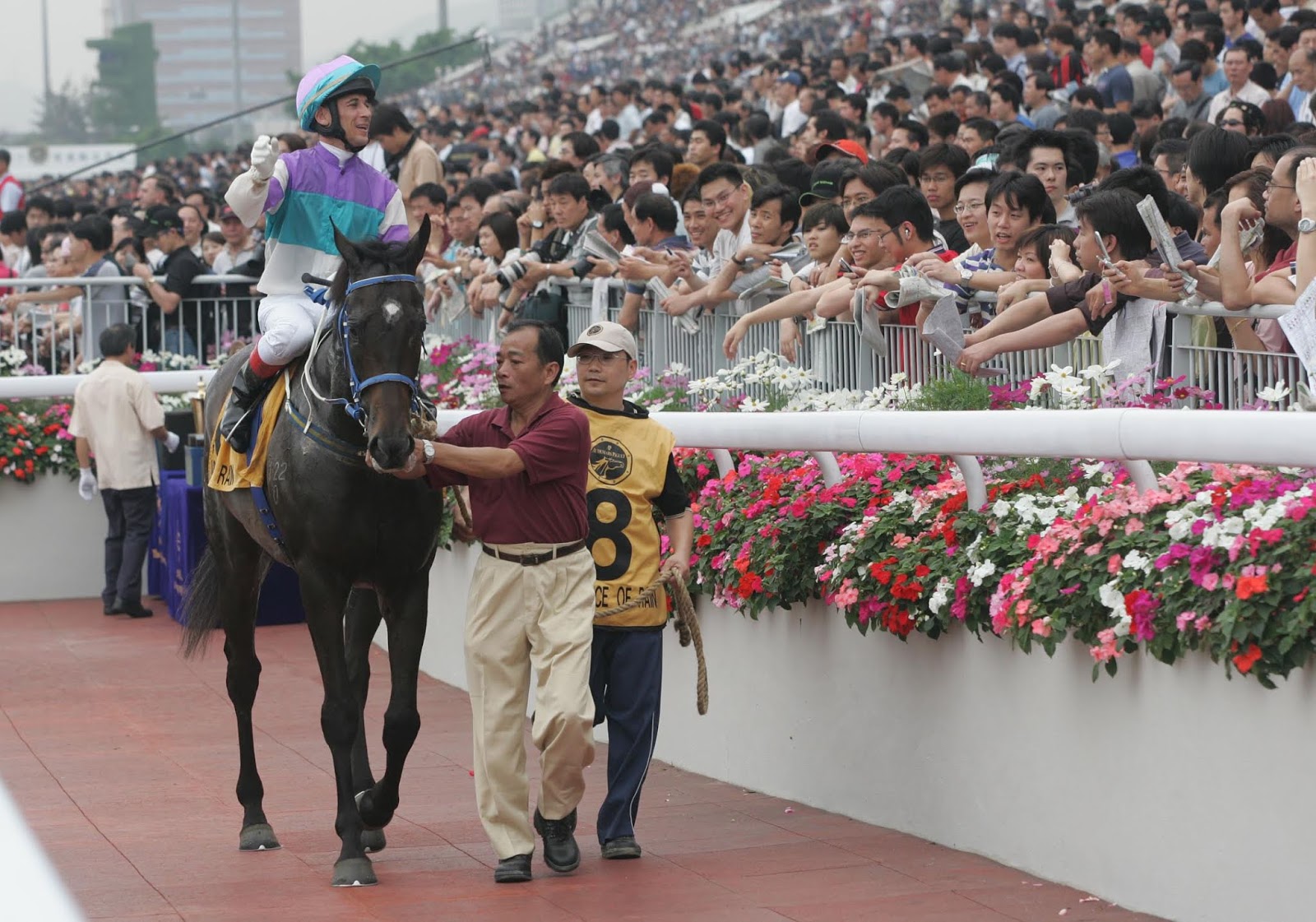Anthony Delpech saluting the crowd at Sha Tin on Vengeance Of Rain