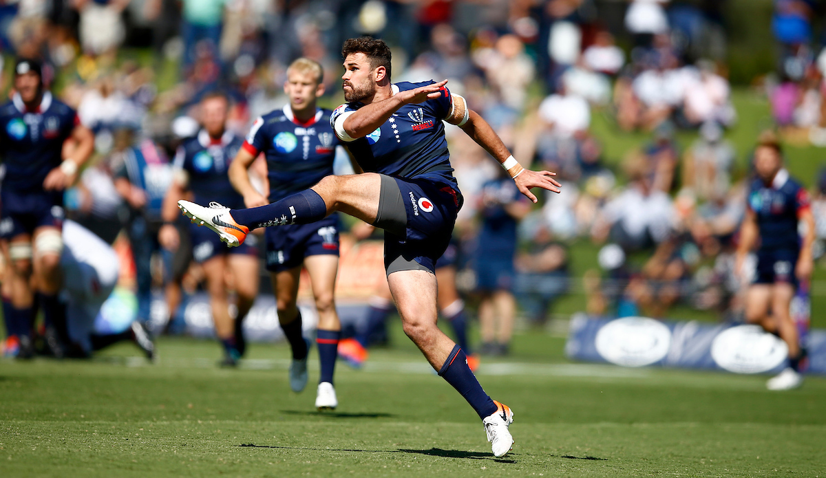 Campbell Magnay of the Melbourne Rebels during the super rugby match between the Melbourne Rebels and the Cell C Sharks at the Mars Stadium,Ballarat,Western suburbs of Melbourne,Victoria, Australia, 22,020,2020