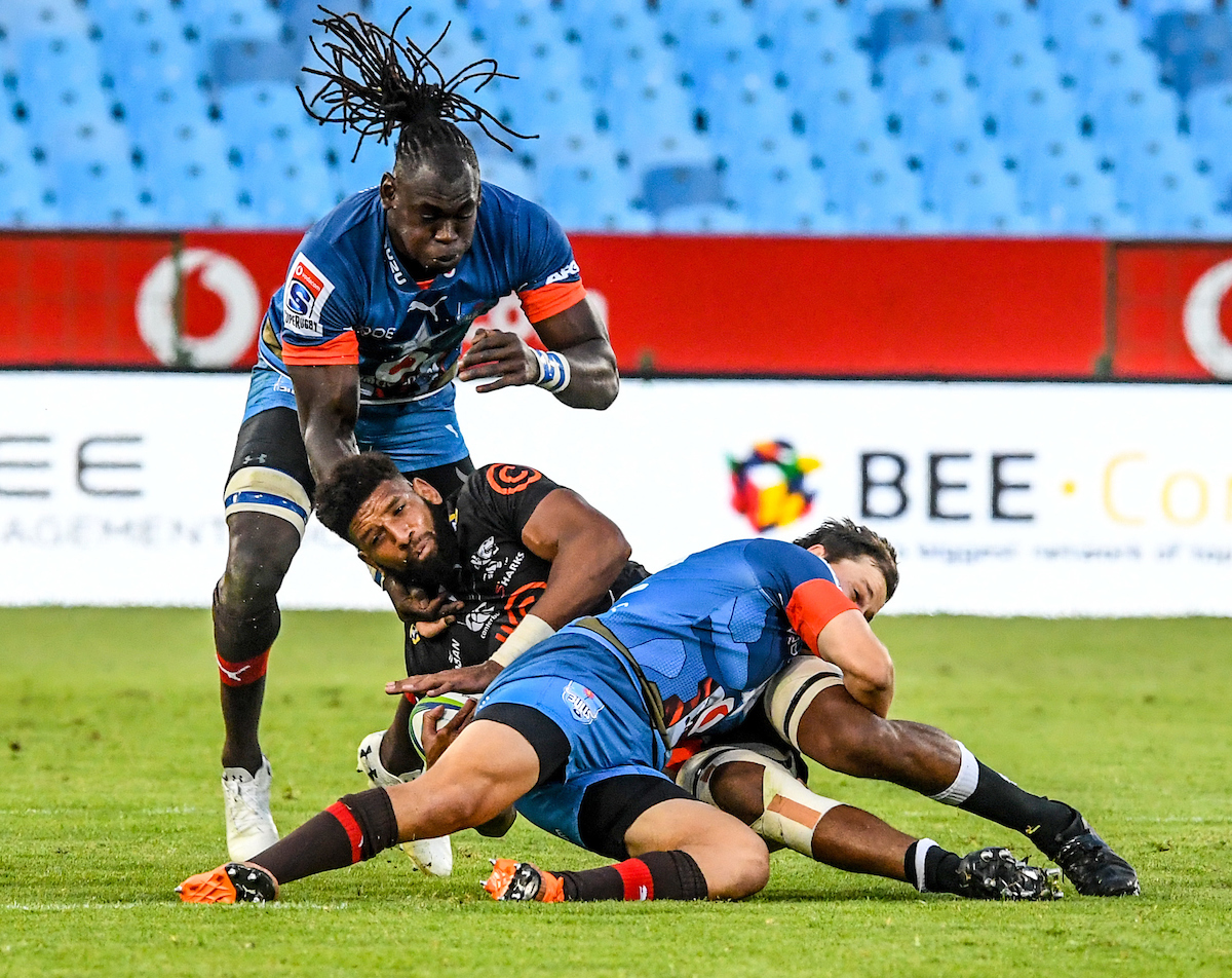 Hyron Andrews of the Cell C Sharks is tackled