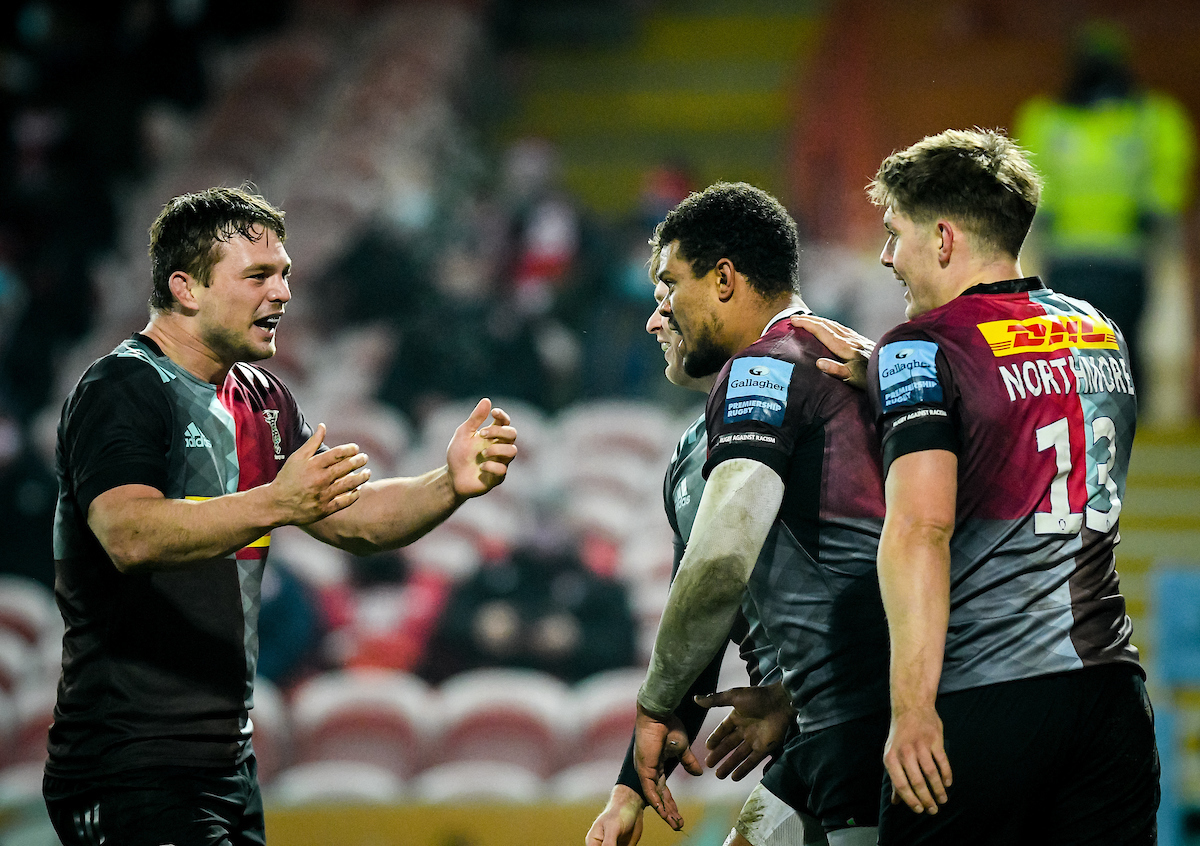 Harlequins celebrate a try during the Gallagher Premiership match between Gloucester Rugby and Harlequins, 06 December 2020.