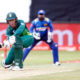 Dwaine Pretorius of South Africa sweeps against Sri Lanka