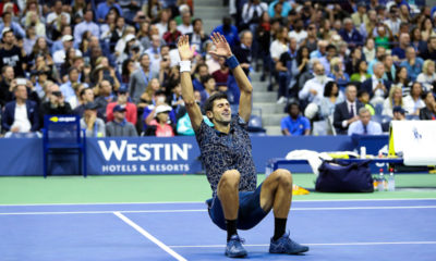 Novak Djokovic celebrates winning the US Open