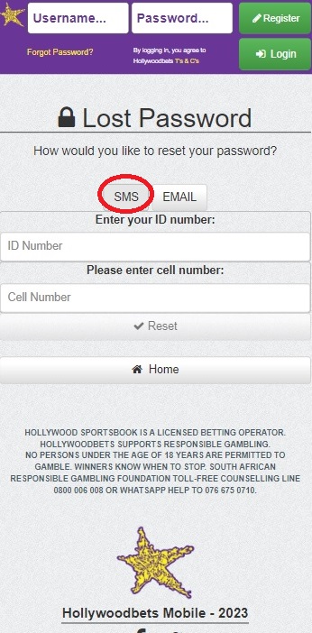 Reset Password SMS - Hollywoodbets