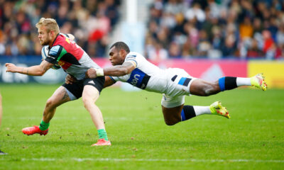 Tyrone Green of Harlequins tackled by Semesa Rokoduguni of Bath Rugby during the Gallagher Premiership match between Harlequins and Bath Rugby ,At the Stoop Twickenham, London, England,.On Saturday 23rd October 2021, Credit Steve Haag Sports