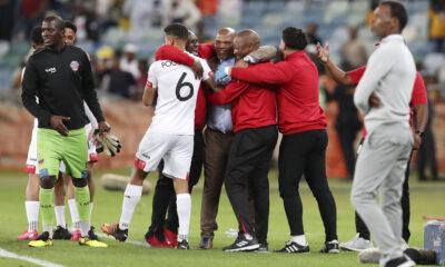 Morgan Mammila, coach of Chippa United celebrates with players during the DStv Premiership 2022/23 match between Kaizer Chiefs and Chippa United at the Moses Mabhida Stadium.
