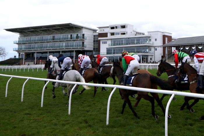 Runners and riders make their way past the grandstand as they compete in the William Hill Rowland Meyrick Handicap Chase during Boxing Day of the William Hill Yorkshire Christmas Meeting at Wetherby Racecourse.