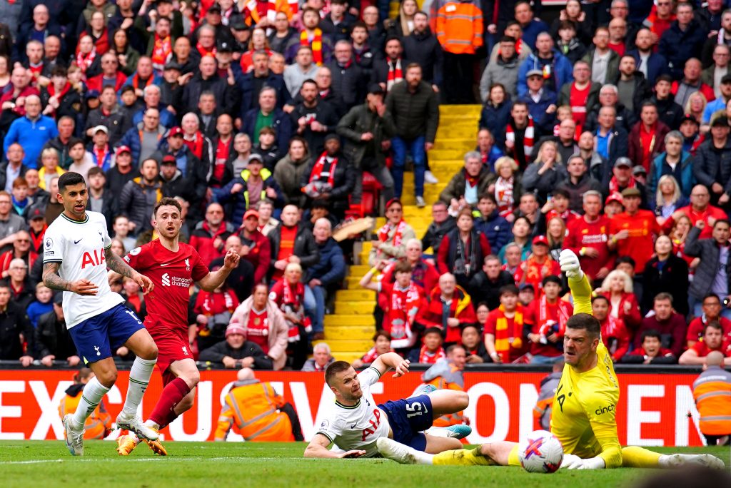 Diogo Jota of Liverpool scores against Tottenham