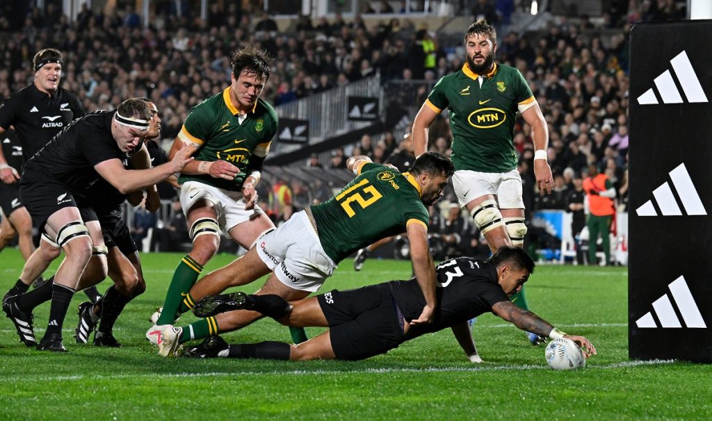 Rieko Ioane of New Zealand dives on the ball during the Rugby Championship test match