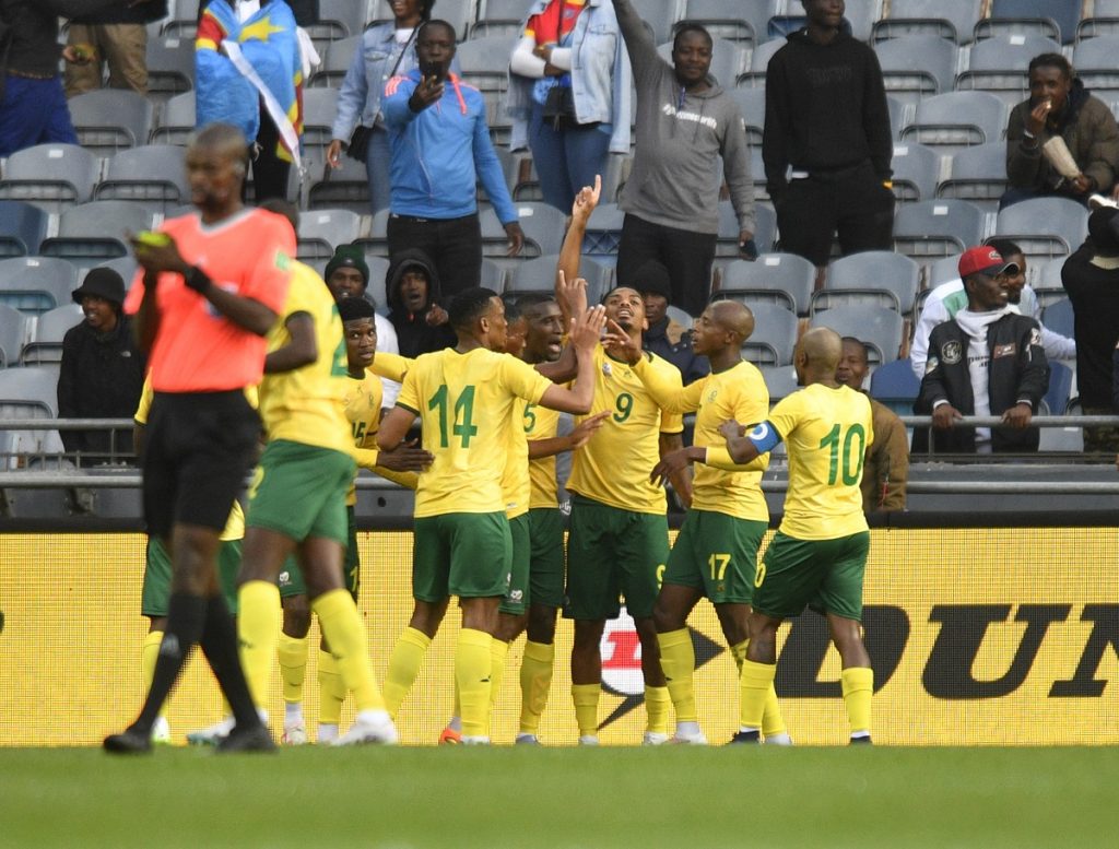 Lyle Foster of South Africa celebrates goal with teammates