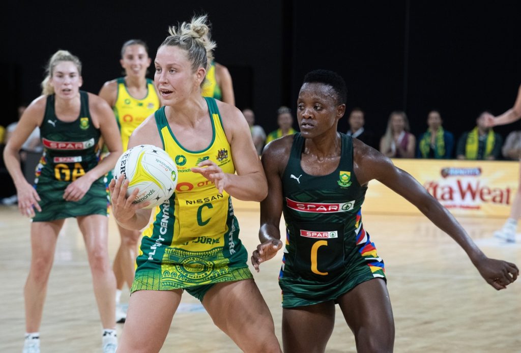Australia's Jamie-Lee Price (L) in action against South Africa's Bongiwe Msomi