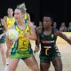 Australia's Jamie-Lee Price (L) in action against South Africa's Bongiwe Msomi