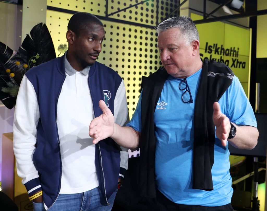 Rhulani Mokwena, Head coach of Mamelodi Sundowns with Gavin Hunt, head coach of Supersport United
