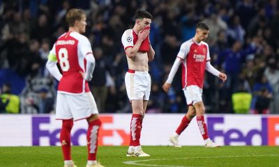 Arsenal's Declan Rice (centre) and team-mates appear dejected after the UEFA Champions League match at Estadio do Dragao in Porto.