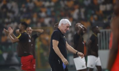 Hugo Broos, head coach of South Africa reacts in disappointment after missed chance Khuliso Mudau of South Africa miss during the 2023 Africa Cup of Nations semifinal between Nigeria and South Africa held at Peace Stadium