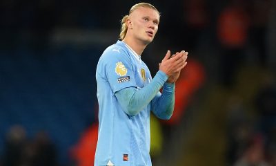 Manchester City's Erling Haaland applauds the fans after the final whistle in the Premier League match at Etihad Stadium.