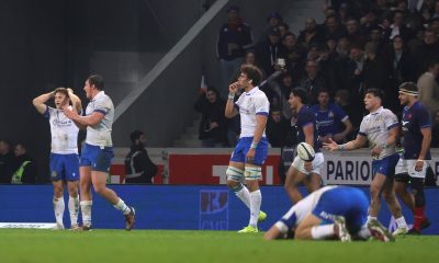 Italians players react at the end of the Six Nations rugby match between France and Italy in Lille