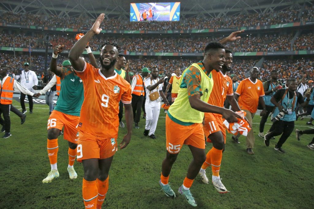Players of Ivory Coast celebrate winning the CAF 2023 Africa Cup of Nations semi final between Ivory Coast and DR Congo, in Abidjan, Ivory Coast.