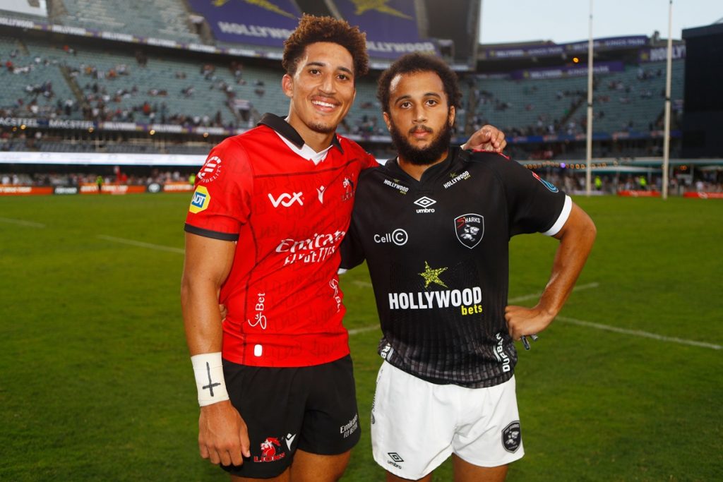 Jordan Hendrikse of the Emirates Lions with Jaden Hendrikse of the Hollywoodbets Sharks BKT United Rugby Championship, Hollywoodbets Kings Park.