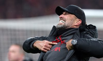 Liverpool manager Jurgen Klopp celebrates after winning the EFL Carabao Cup final match between Chelsea FC and Liverpool FC at Wembley Stadium.