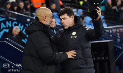 Pep Guardiola manager of Manchester City with Mauricio Pochettino manager of Chelsea.