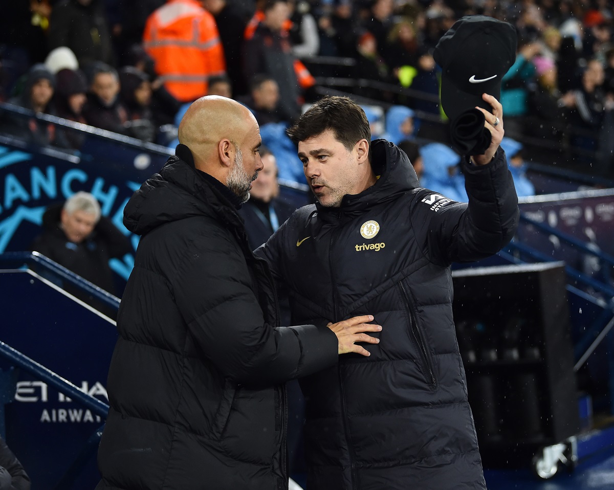 Pep Guardiola manager of Manchester City with Mauricio Pochettino manager of Chelsea.