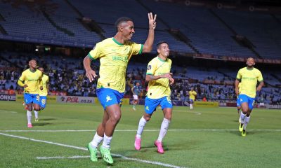 Lucas Rebeiro Costa of Mamelodi Sundowns celebrates goal with teammates during the DStv Premiership 2023/24 match between Mamelodi Sundowns and AmaZulu at Loftus Versfeld Stadium.