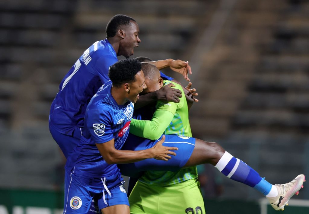 Ricardo Goss of Supersport United ccelebrates victory with teammates during the 2024 Nedbank Cup last 32 match between Supersport United and Cape Town City at Lucas Moripe Stadium.