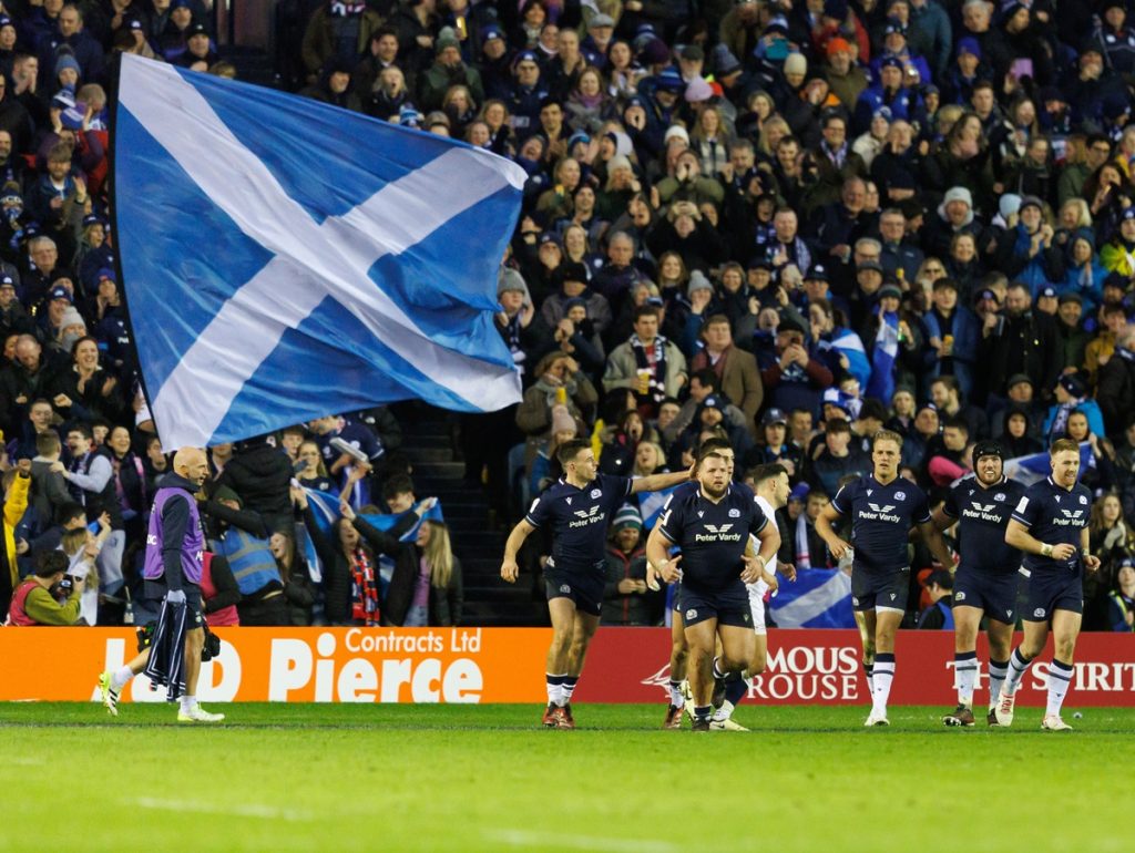 Scotland celebrates Duhan van der Merwe 3rd try during the Six Nations match between Scotland and England in Edinburgh.