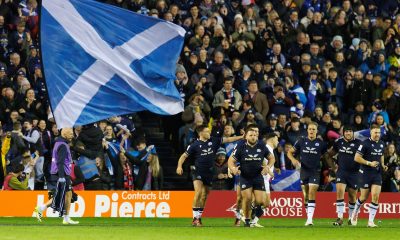 Scotland celebrates Duhan van der Merwe 3rd try during the Six Nations match between Scotland and England in Edinburgh.