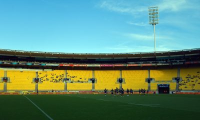 A general view of the stadium as the Highlanders run out during the Super Rugby Pacific match between the Hurricanes and Highlanders at Sky Stadium.