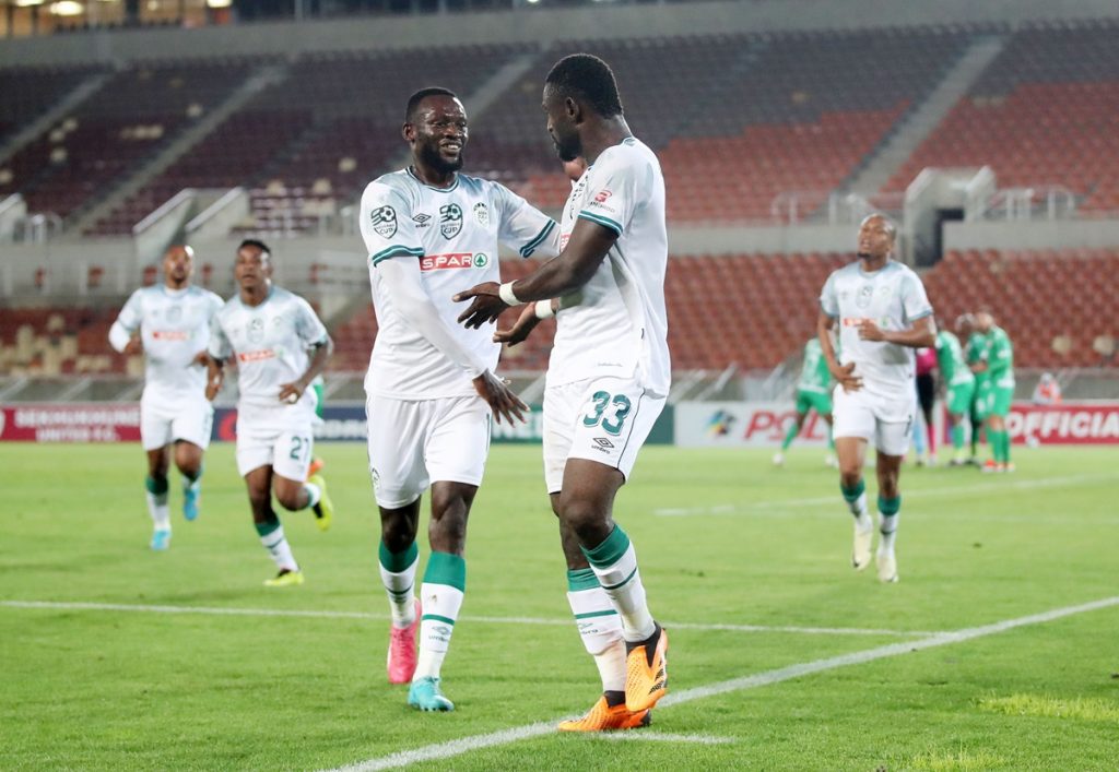 Junior Dion celebrates goal with teammate Augustine Mulenga of AmaZulu FC during the 2024 Nedbank Cup match between Sekhukhune United and AmaZulu at the Peter Mokaba Stadium.