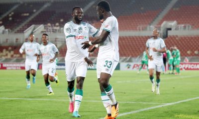 Junior Dion celebrates goal with teammate Augustine Mulenga of AmaZulu FC during the 2024 Nedbank Cup match between Sekhukhune United and AmaZulu at the Peter Mokaba Stadium.