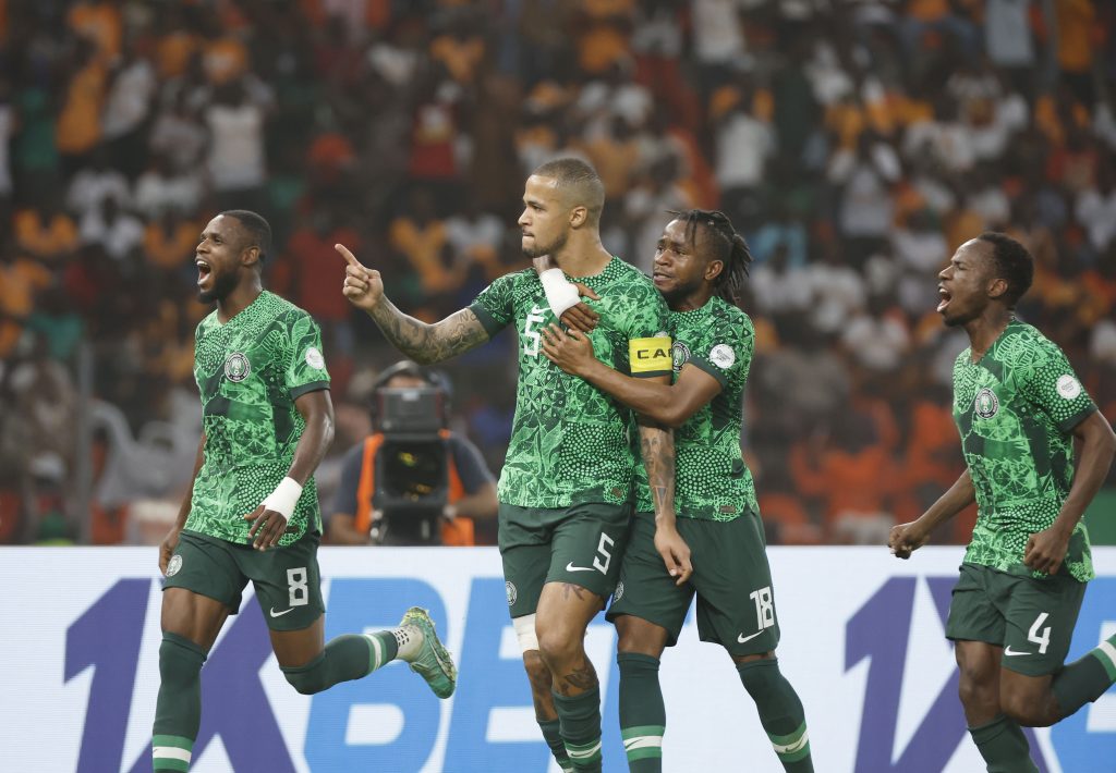 William Troost Ekong of Nigeria celebrates goal during the 2023 Africa Cup of Nations semifinal between Nigeria and South Africa held at Peace Stadium in Bouake, Cote DIvoire on 07 February 2024