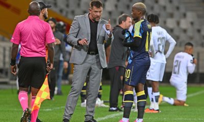 Eric Tinkler, head coach of Cape Town City instructs Khanyisa Mayo during the DStv Premiership 2023/24 game between Cape Town City and Stellenbosch FC at Cape Town Stadium on 5 March 2024