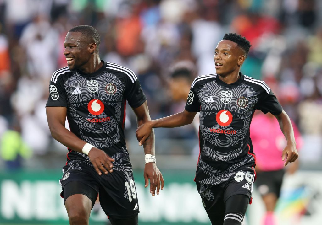Relebohile Mofokeng celebrates goal with Tshegofatso Mabasa of Orlando Piratesduring the 2024 Nedbank Cup match between Orlando Pirates and Hungry Lions at the Orlando Stadium, Soweto on the 16 March 2024