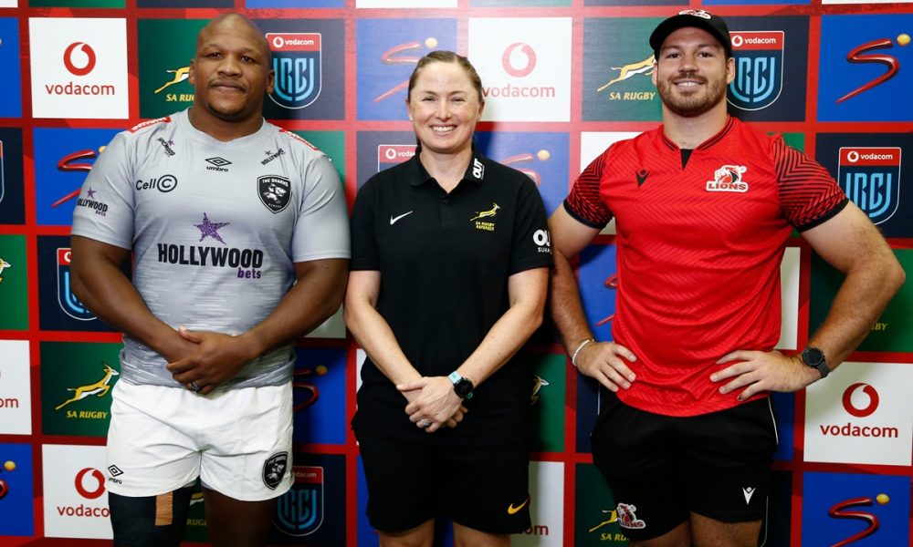 Sharks' Bongi Mbonambi, Referee Aimee Barrett-Theron and Emirates Lions' Marius Louw at the coin toss BKT United Rugby Championship, Emirates Airlines Park.