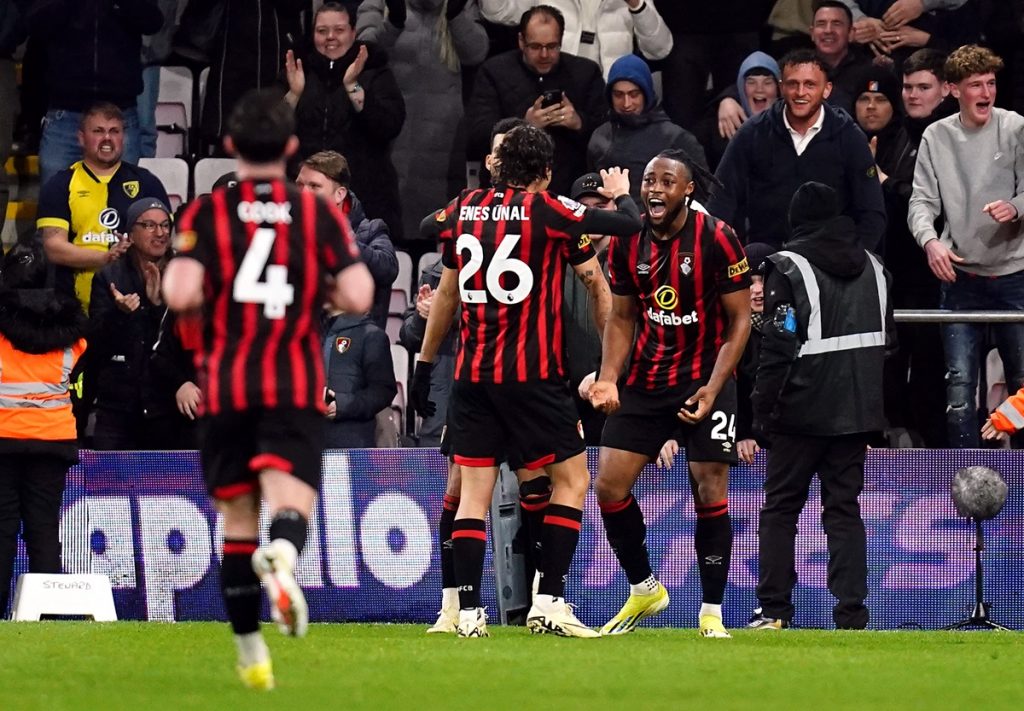 Bournemouth's Antoine Semenyo celebrates scoring their side's fourth goal of the game during the Premier League match at the Vitality Stadium.