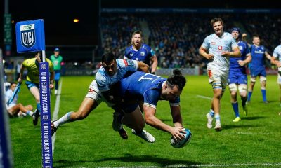 James Lowe of Leinster breaks a tackle on his way to scoring a try for Leinster at the RDS Main Arena.