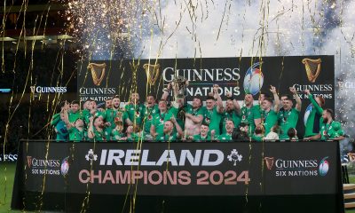 Ireland's Peter O'Mahony lifts the Guinness Six Nations trophy following their match at the Aviva Stadium.