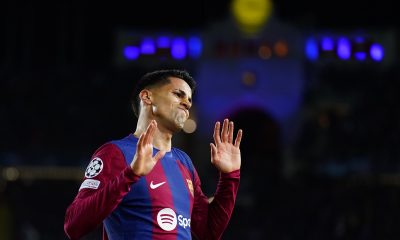 epa11217240 Barcelona's Joao Cancelo celebrates after scoring the 2-0 goal during the UEFA Champions League round of 16 second leg soccer match between FC Barcelona and SSC Napoli, in Barcelona, Catalonia, Spain, 12 March 2024.