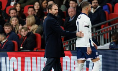 England manager Gareth Southgate (L) talks to Kyle Walker (R) during the friendly international soccer match between England and Brazil in London, Britain, 23 March 2024.
