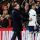 England manager Gareth Southgate (L) talks to Kyle Walker (R) during the friendly international soccer match between England and Brazil in London, Britain, 23 March 2024.