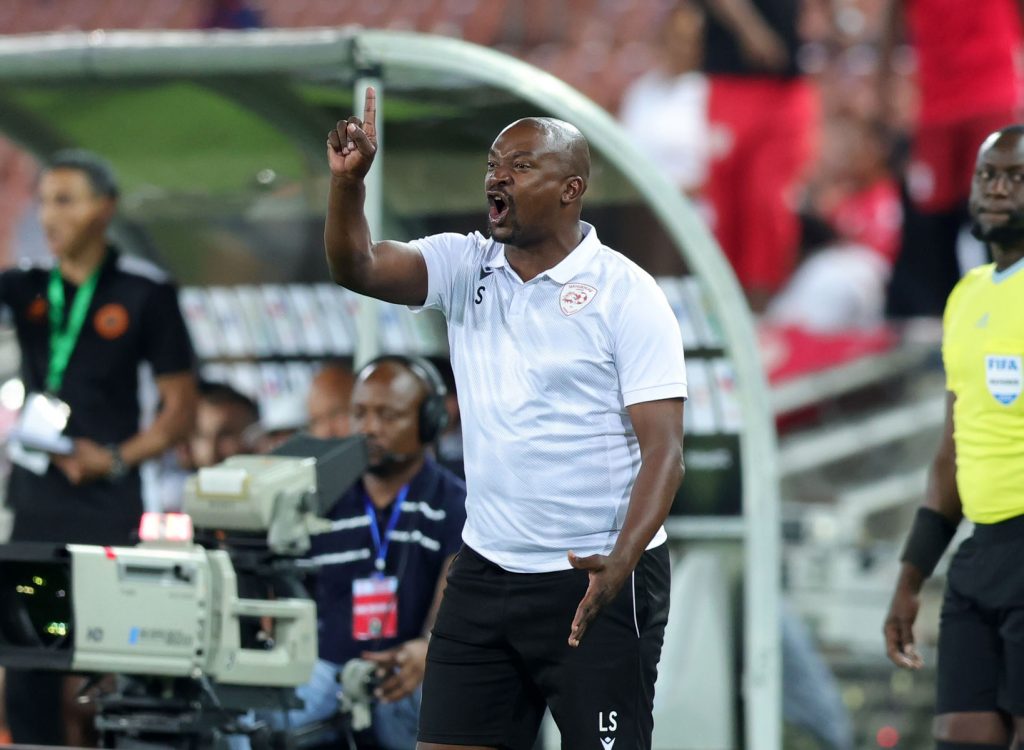 Lehlohonolo Seema, head coach of Sekhukhune United reacts during the CAF Confederation Cup 2023/24 match between Sekhukhune United and RSB Berkanee at New Peter Mokaba Stadium in Polokwane on 25 February 2024