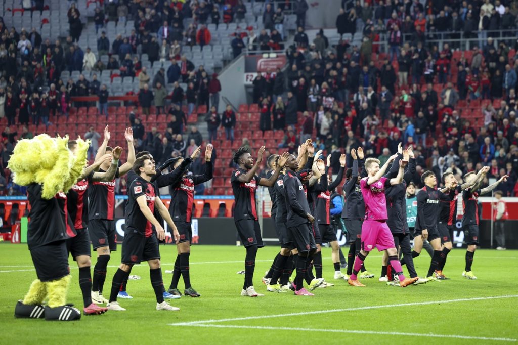 Players of Bayer Leverkusen celebrating a win.