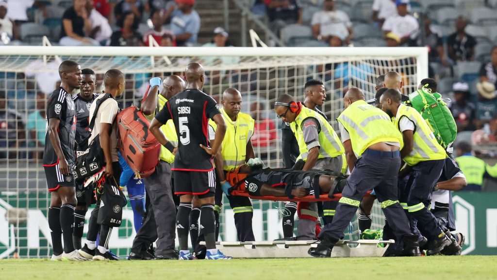 Makhehleni Makhaula of Orlando Pirates injured during the 2024 Nedbank Cup match between Orlando Pirates and Hungry Lions at the Orlando Stadium