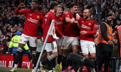 Manchester United players celebrate the 4-3 goal during the FA Cup quarter-final soccer match between Manchester United and Liverpool in Manchester.