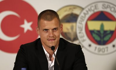 Fenerbahce's new Slovakian player Martin Skrtel speaks during his presentation at the Turkish soccer club in Istanbul, Turkey