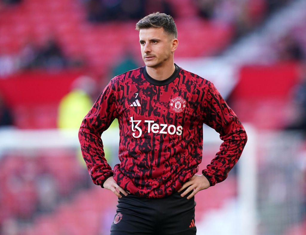 Manchester United's Mason Mount warming up prior to kick-off during the Premier League match at Old Trafford.