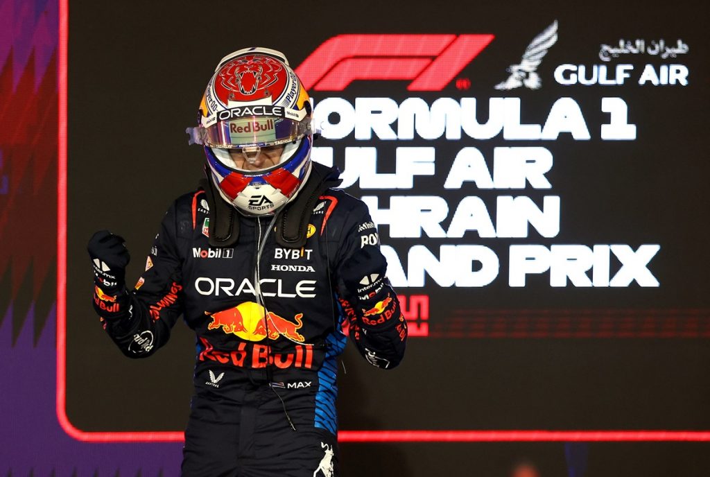 Red Bull Racing driver Max Verstappen of Netherlands celebrates after winning the Formula One Bahrain Grand Prix, at Bahrain International Circuit.